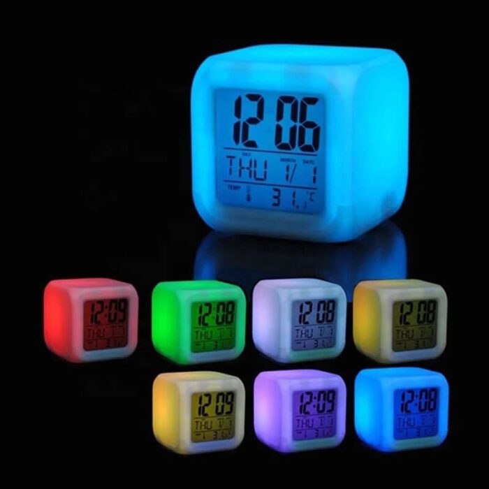 AC-434-7 awọn awọ yipada Digital Thermometer LED cube aago itaniji-Awọ itanna thermometer alẹ ti o ni awọ didan aago itaniji ina