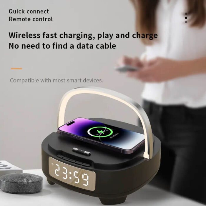 4-in-1 Alarm Clock with Wireless Charger, Bluetooth Speaker & Night Light