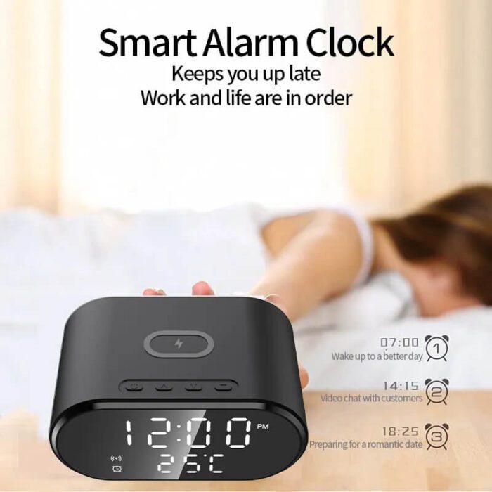 4-in-1 Alarm Clock with Wireless Charger, Bluetooth Speaker & Thermometer