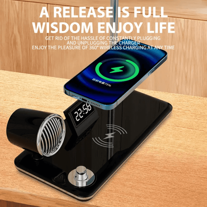 4 in 1 Wireless Charger with Smart Alarm Clock Bluetooth Speaker Dimming Night Light