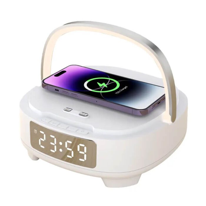 4-in-1 Alarm Clock with Wireless Charger, Bluetooth Speaker & Night Light