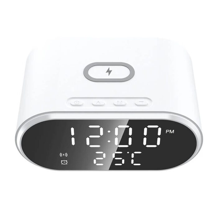 4-in-1 Alarm Clock with Wireless Charger, Bluetooth Speaker & Thermometer